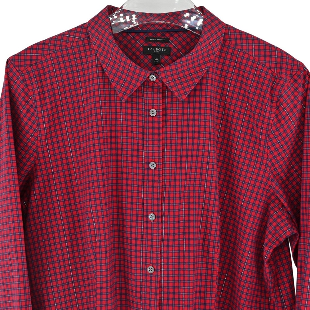 Talbots Petite 16P Red Plaid Shimmer Shirt Metallic Holiday Preppy Cottagecore